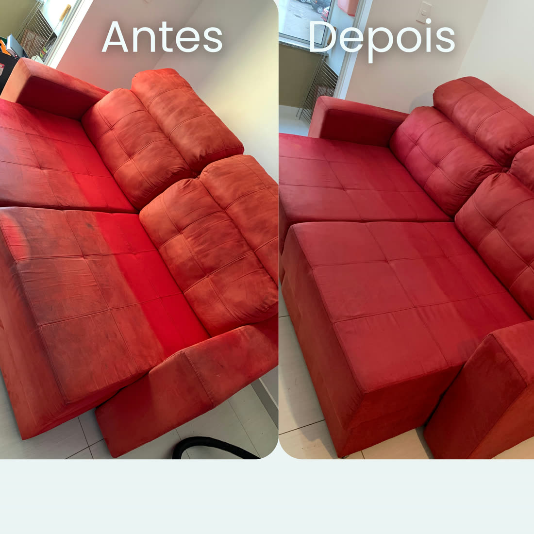 Antes e depois de sofá vermelho higienizado