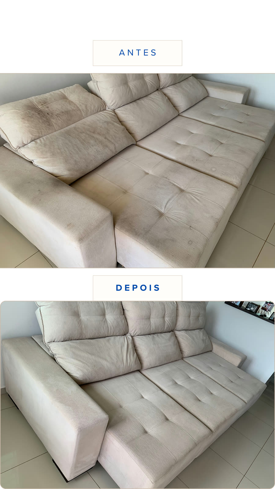 Antes e depois de poltrona higienizada